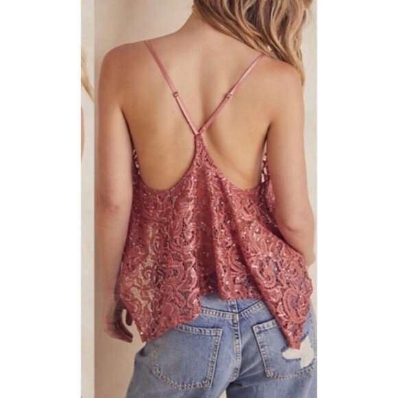 Intimately Free People Best Idea Cami Tank Sz S Rose Pink Sequin Knit Sheer Cami - Picture 5 of 13